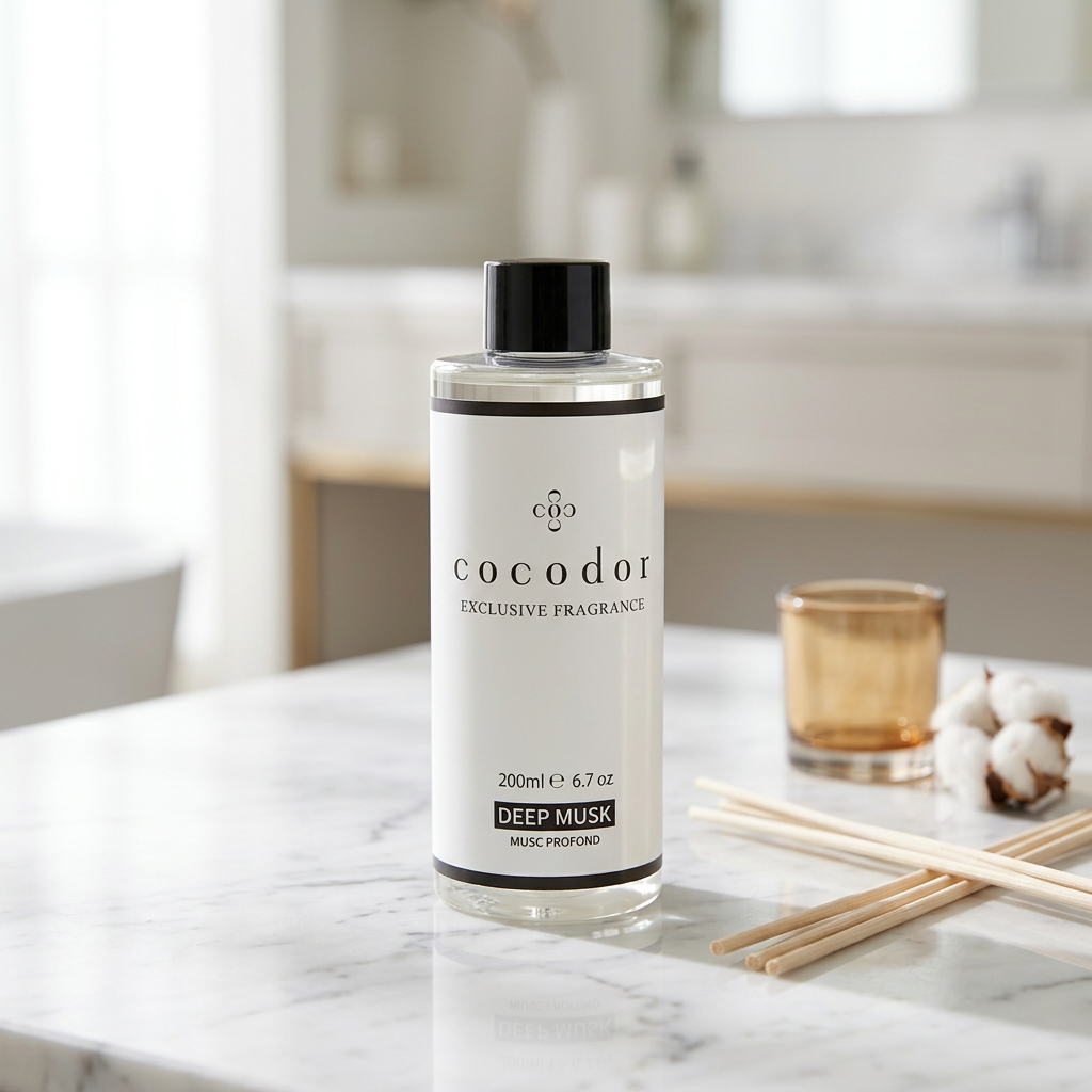 Ανταλλακτικό αρωματικού χώρου Cocodor Deep Musk 200ml σε μαρμάρινο τραπέζι με ξύλινα sticks, κλαδί βαμβακιού και κερί σε κεχριμπαρένιο ποτήρι - VassoHome