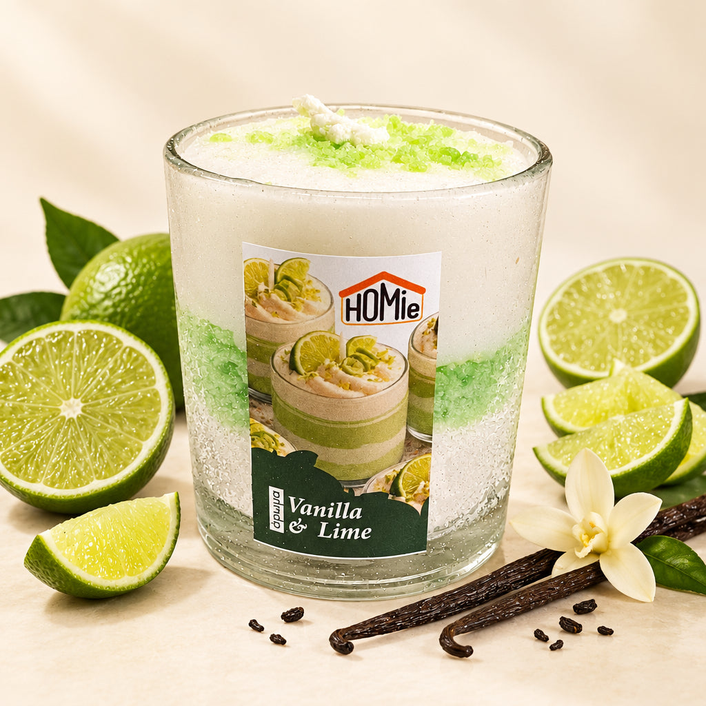 Αρωματικό κερί Vanilla & Lime Homie σε γυάλινο ποτήρι πλαισιωμένο από φρέσκα limes, sticks βανίλιας και λευκό λουλούδι - VassoHome