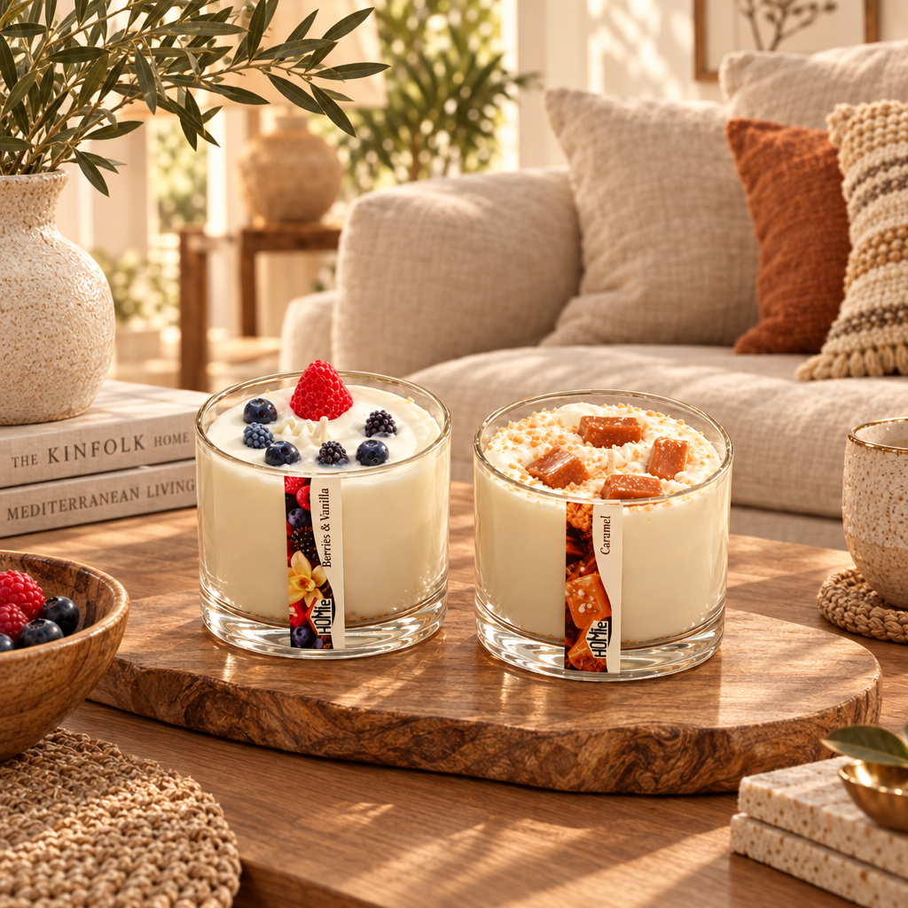 Αρωματικά dessert κεριά Berries & Vanilla και Caramel σε ξύλινο δίσκο σε σαλόνι με linen καναπέ, φυτά ελιάς, βιβλία Kinfolk και rattan μπολ με φρούτα - VassoHome