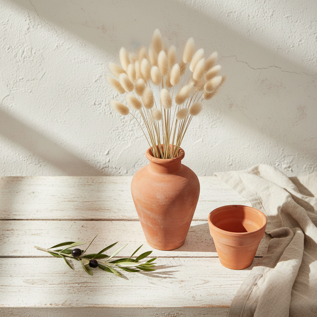 Αποξηραμένα bunny tails μπεζ 60cm 25 κλαδιά σε terracotta αμφορέα σε λευκό ξύλινο τραπέζι με κλαδί ελιάς, terracotta γλαστράκι και λινό ύφασμα