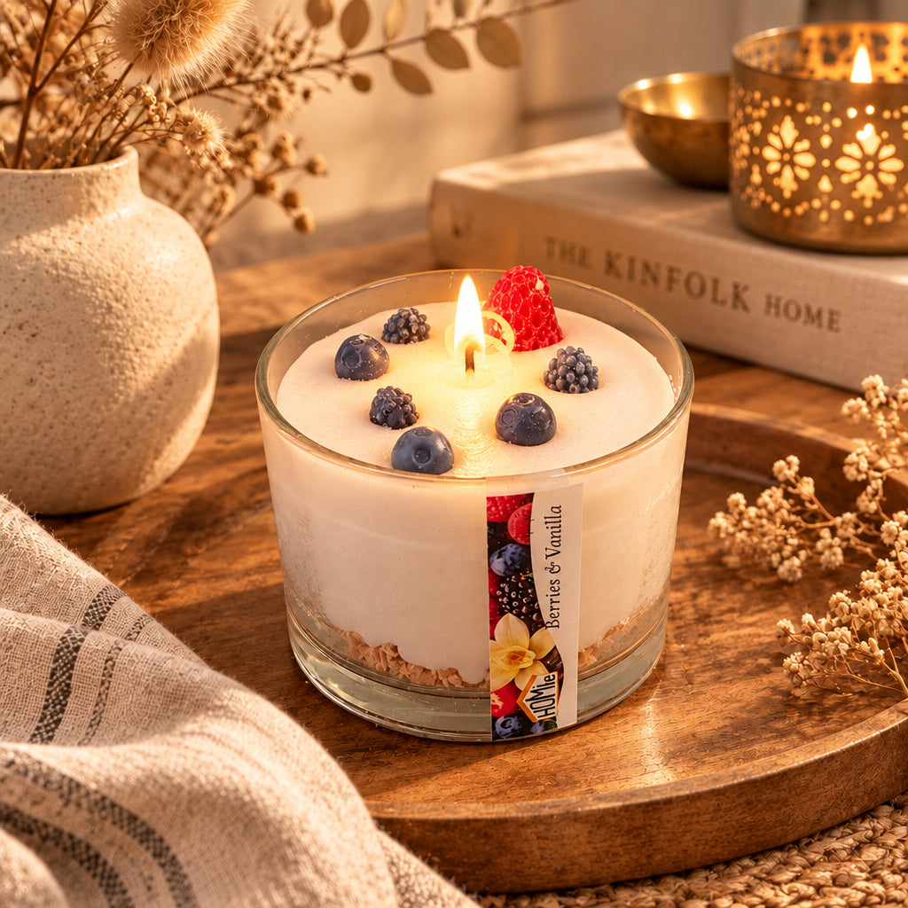 Αναμμένο αρωματικό dessert κερί Berries & Vanilla σε γυάλινο βάζο σε ξύλινο δίσκο με βιβλίο Kinfolk, χρυσό φανάρι και αποξηραμένα λουλούδια - VassoHome