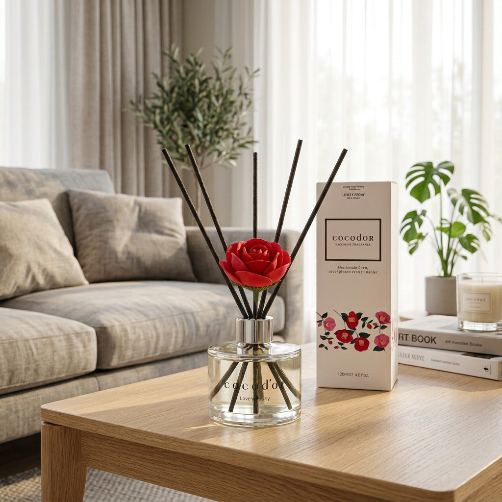 Cocodor Camelia Lovely Peony με κόκκινο λουλούδι και μαύρα sticks δίπλα στη συσκευασία του σε ξύλινο τραπεζάκι με γκρι καναπέ στο φόντο - VassoHome