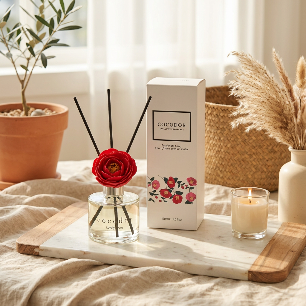 Cocodor Camelia Lovely Peony με κόκκινο λουλούδι και τη συσκευασία του σε διακοσμητικό δίσκο με αναμμένο κερί και αποξηραμένα χόρτα - VassoHome