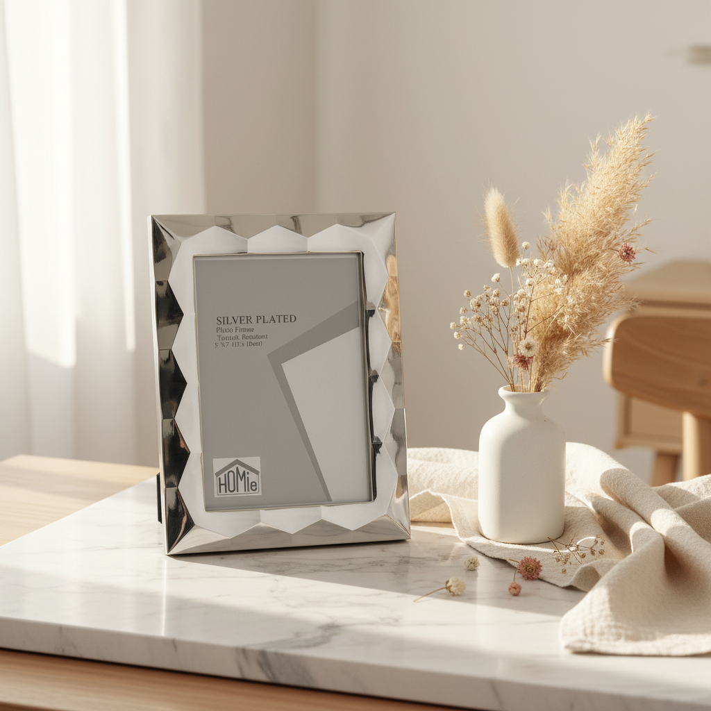 Ασημένιο επάργυρο κάδρο φωτογραφιών 13x18cm με 3D γωνίες σε μαρμάρινη επιφάνεια με λευκό βάζο με pampas grass και αποξηραμένα λουλούδια, φυσικό φως - VassoHome
