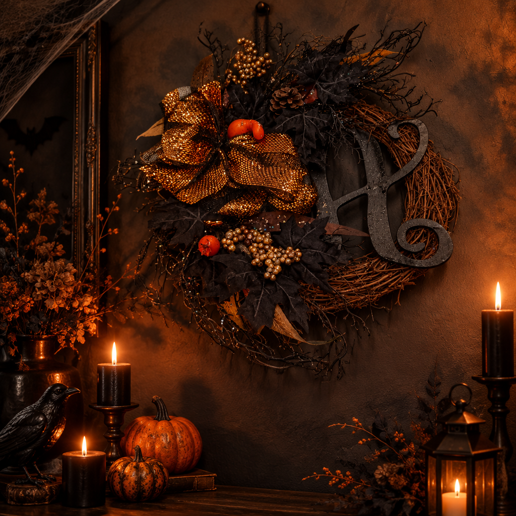 Halloween στεφάνι κρεμαστό σε σκοτεινό τοίχο με μαύρα κεριά, κόρακα, κολοκύθες και χρυσό Moroccan φανάρι σε gothic ατμόσφαιρα - VassoHome