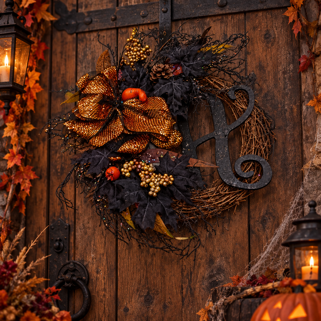 Halloween στεφάνι κρεμαστό σε ξύλινη εξώπορτα με αναμμένα φανάρια, jack-o'-lanterns, ιστούς αράχνης και φθινοπωρινά φύλλα σε Halloween είσοδο - VassoHome