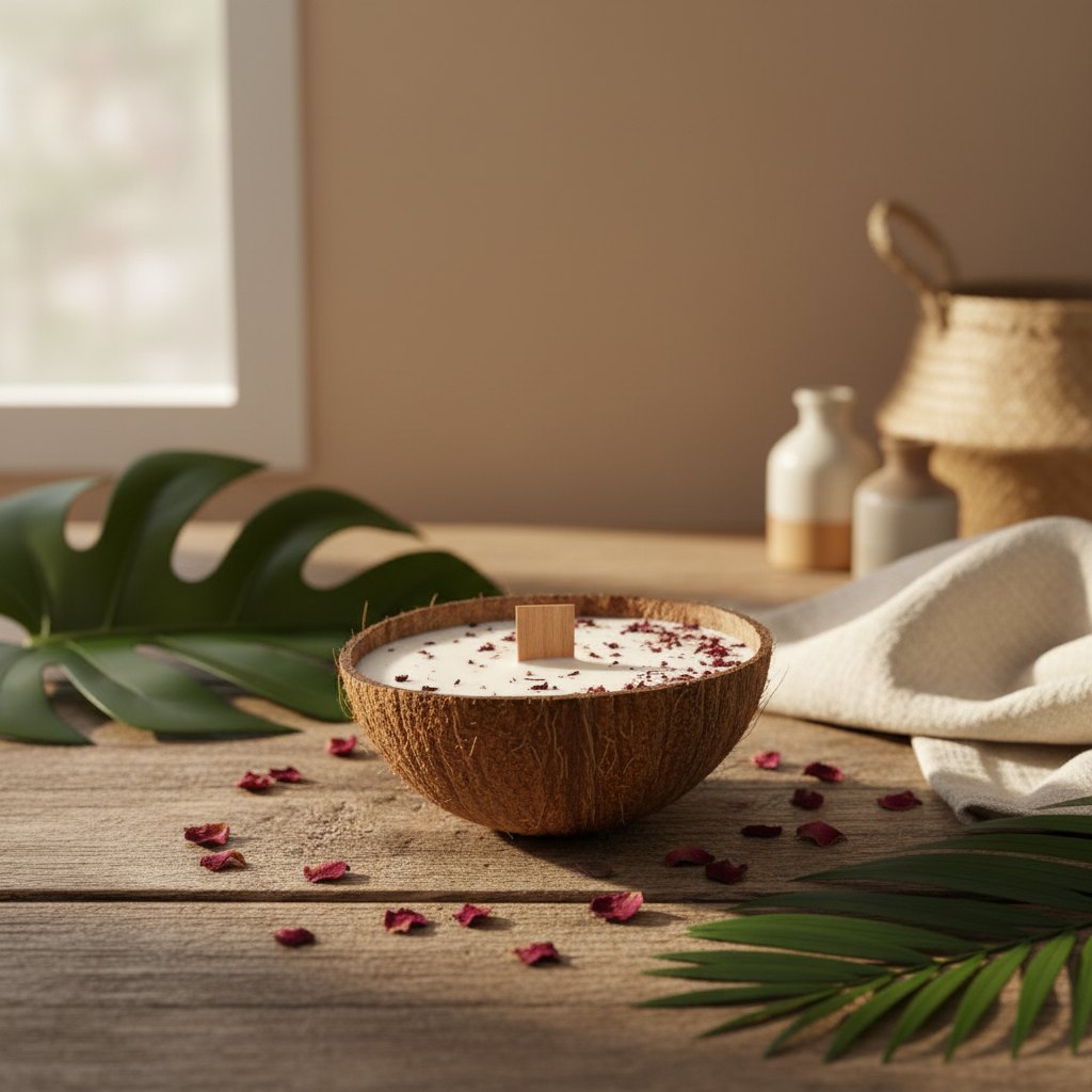 Αρωματικό κερί Coconut Rosé σε φυσικό κέλυφος καρύδας με ξύλινο φυτίλι σε ξύλινη επιφάνεια με φύλλα monstera, ροδοπέταλα και λευκή πετσέτα - VassoHome