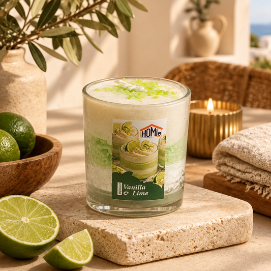 Αρωματικό κερί Vanilla & Lime Homie σε travertine βάθρο με ξύλινο μπολ με limes, κλαδί ελιάς και αναμμένο χρυσό κεράκι σε Mediterranean boho ατμόσφαιρα - VassoHome