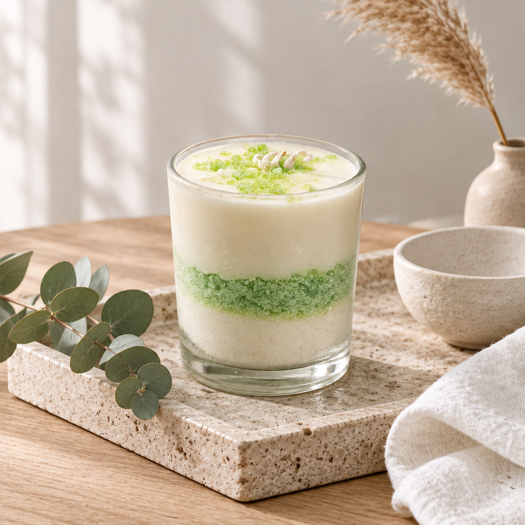 Αρωματικό κερί Vanilla & Lime σε travertine δίσκο με κλαδί ευκάλυπτου, λευκό κεραμικό βάζο και pampas grass σε minimal φόντο - VassoHome