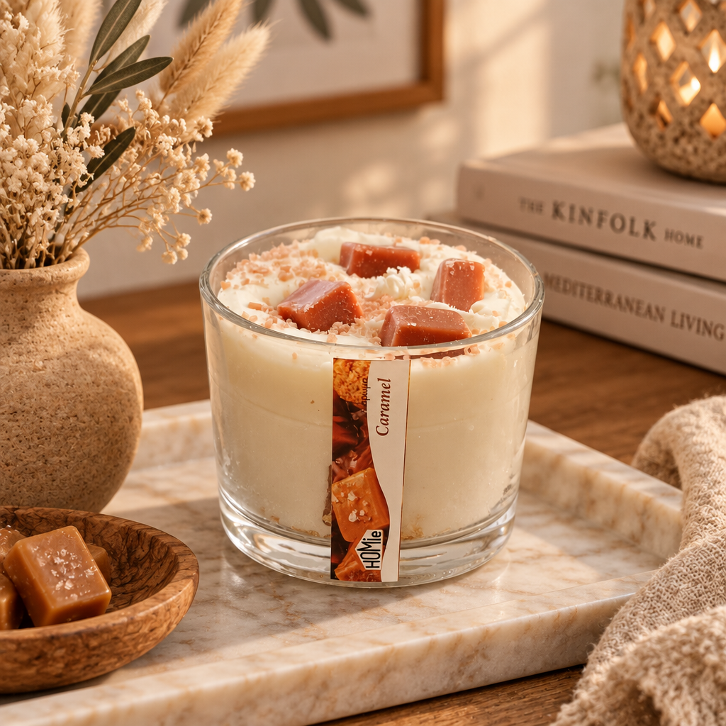 Κοντινό αρωματικού dessert κεριού Caramel σε γυάλινο βάζο σε μαρμάρινο δίσκο με διακοσμητικές καραμέλες, αποξηραμένα λουλούδια και βιβλία Kinfolk - VassoHome