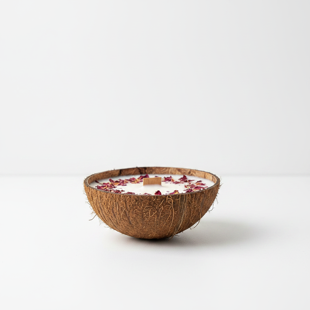 Αρωματικό κερί Coconut Rosé σε φυσικό κέλυφος καρύδας με ξύλινο φυτίλι και ροδοπέταλα μετωπική όψη σε λευκό φόντο - VassoHome