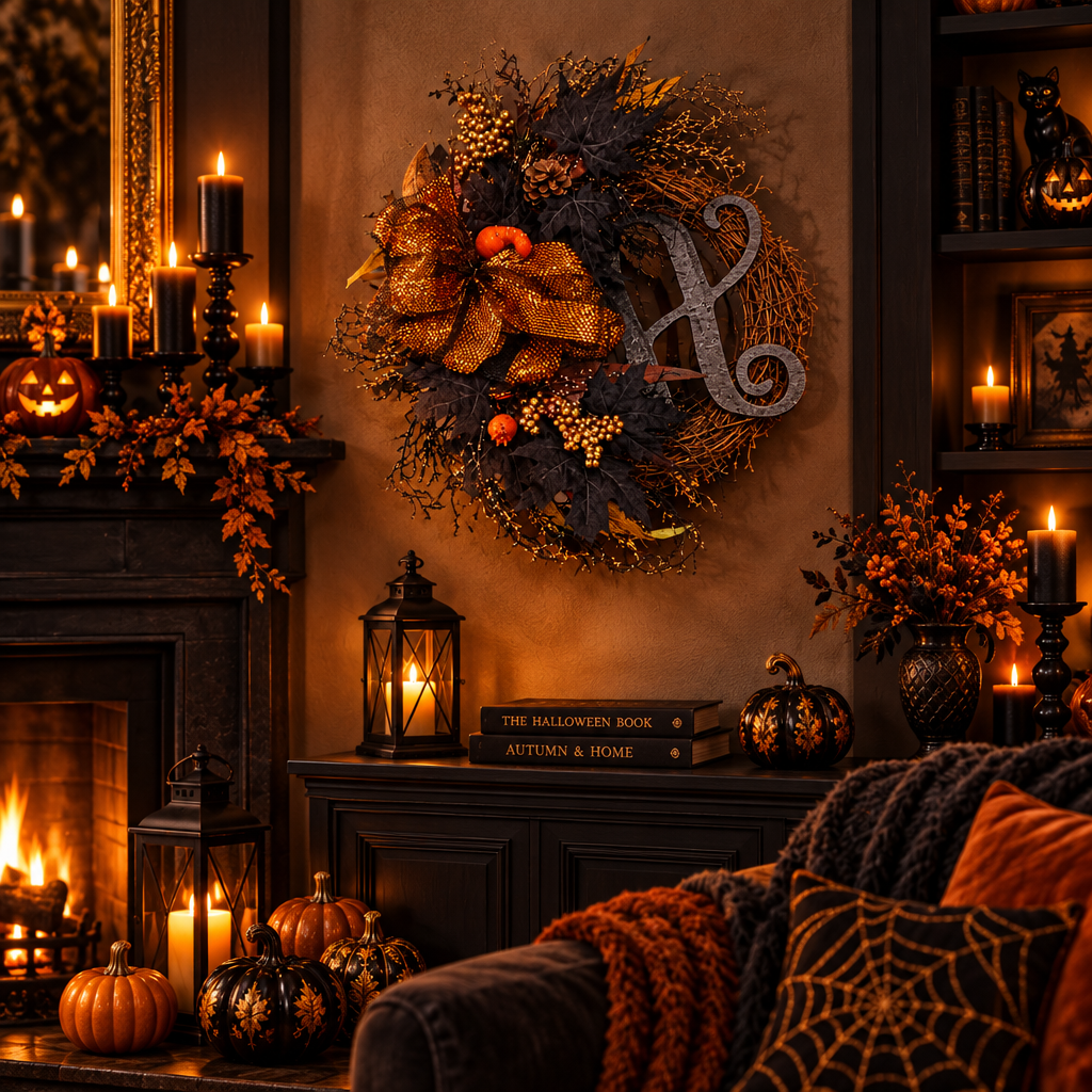 Halloween στεφάνι κρεμαστό σε τοίχο σαλονιού με κονσόλα με φανάρι, κολοκύθες, μαύρα κεριά, τζάκι και βιβλία Halloween & Autumn Home σε gothic ατμόσφαιρα - VassoHome