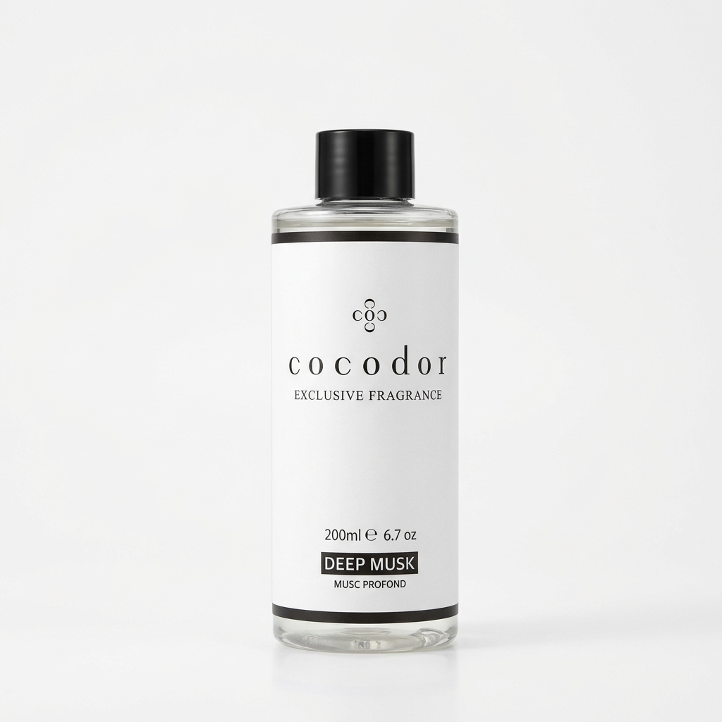 Μπουκάλι ανταλλακτικού αρωματικού χώρου Cocodor Deep Musk 200ml με λευκή ετικέτα και μαύρο καπάκι σε λευκό φόντο - VassoHome 