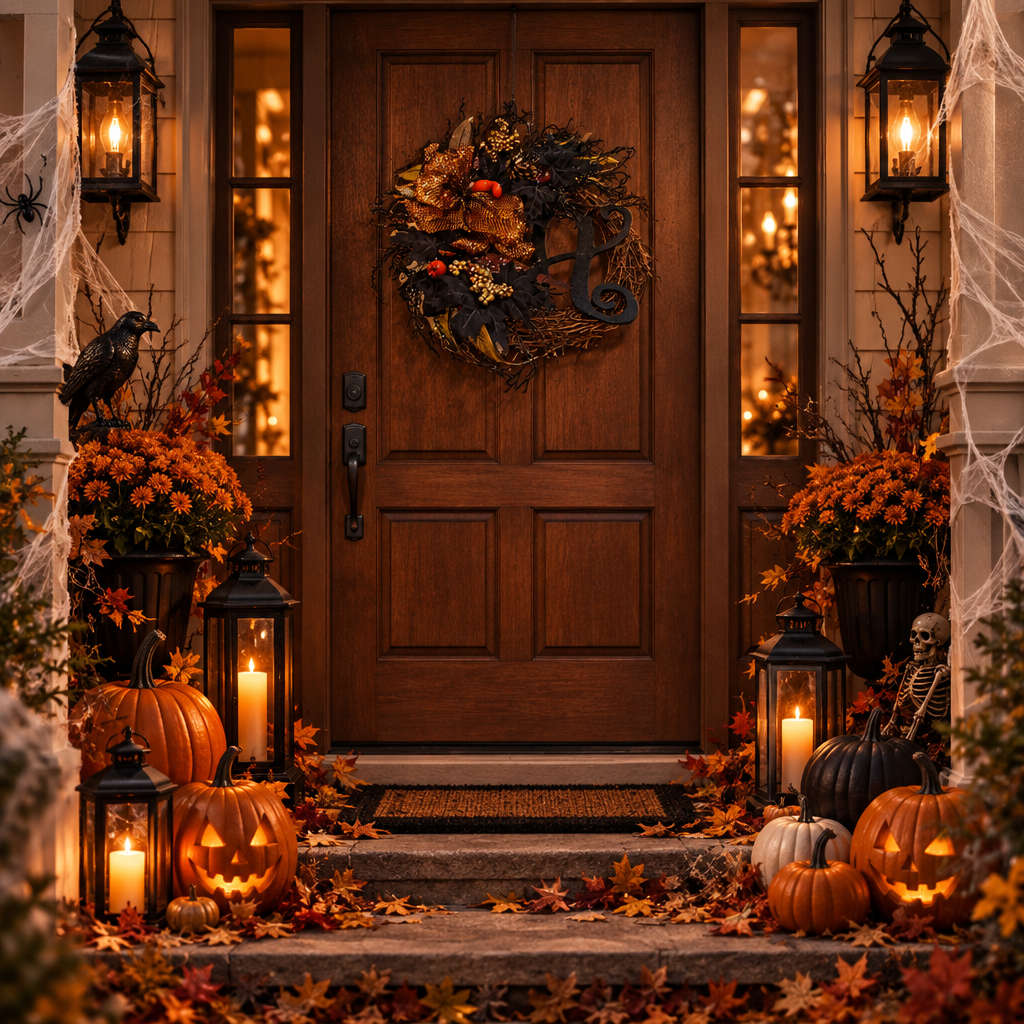 Halloween στεφάνι σε εξώπορτα σπιτιού με jack-o'-lanterns, μαύρα φανάρια, κρεμάλες αράχνης και φθινοπωρινά φύλλα σε Halloween διακόσμηση εισόδου - VassoHome