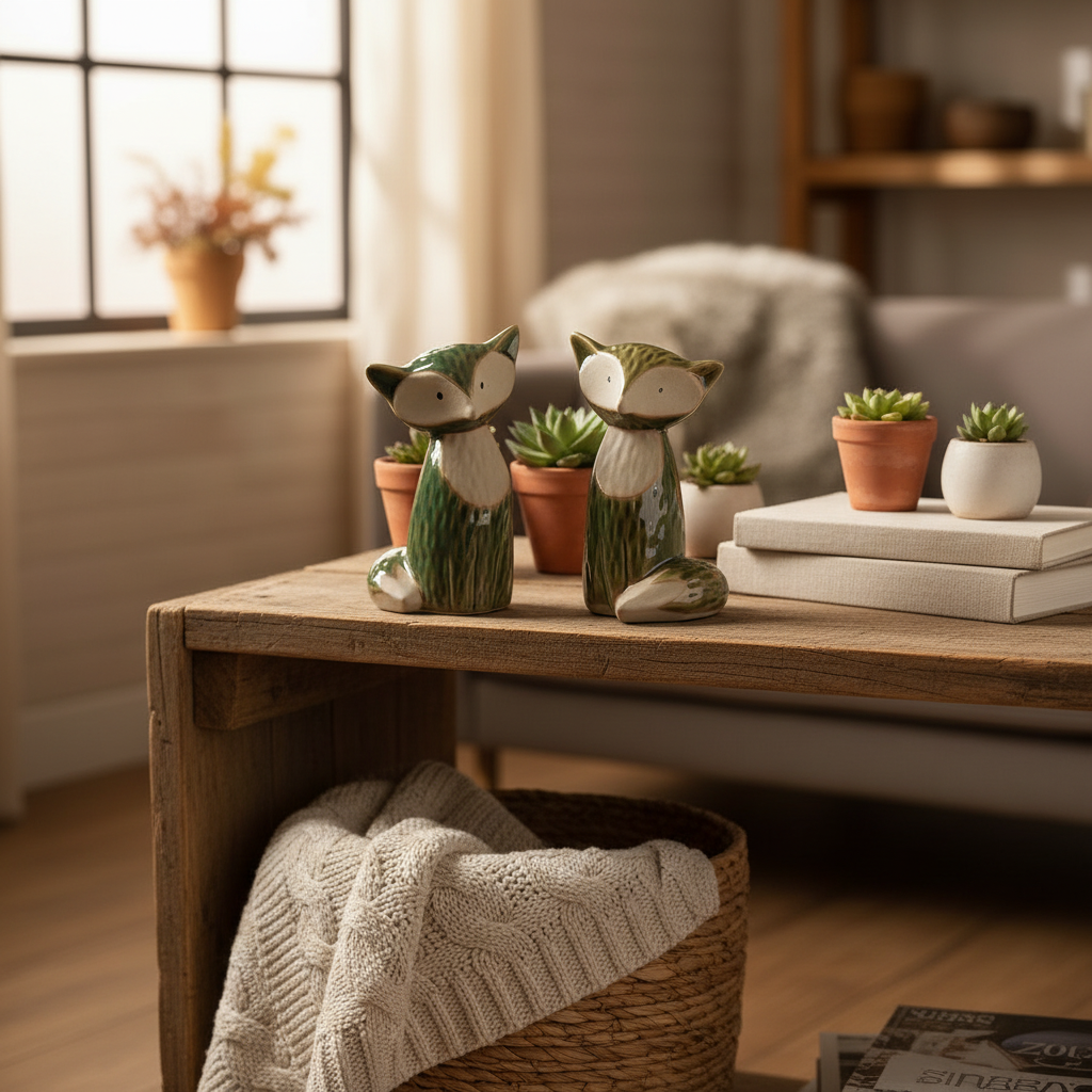Stoneware φιγούρες Αλεπούς Πράσινες 14 εκ. Σετ των 2