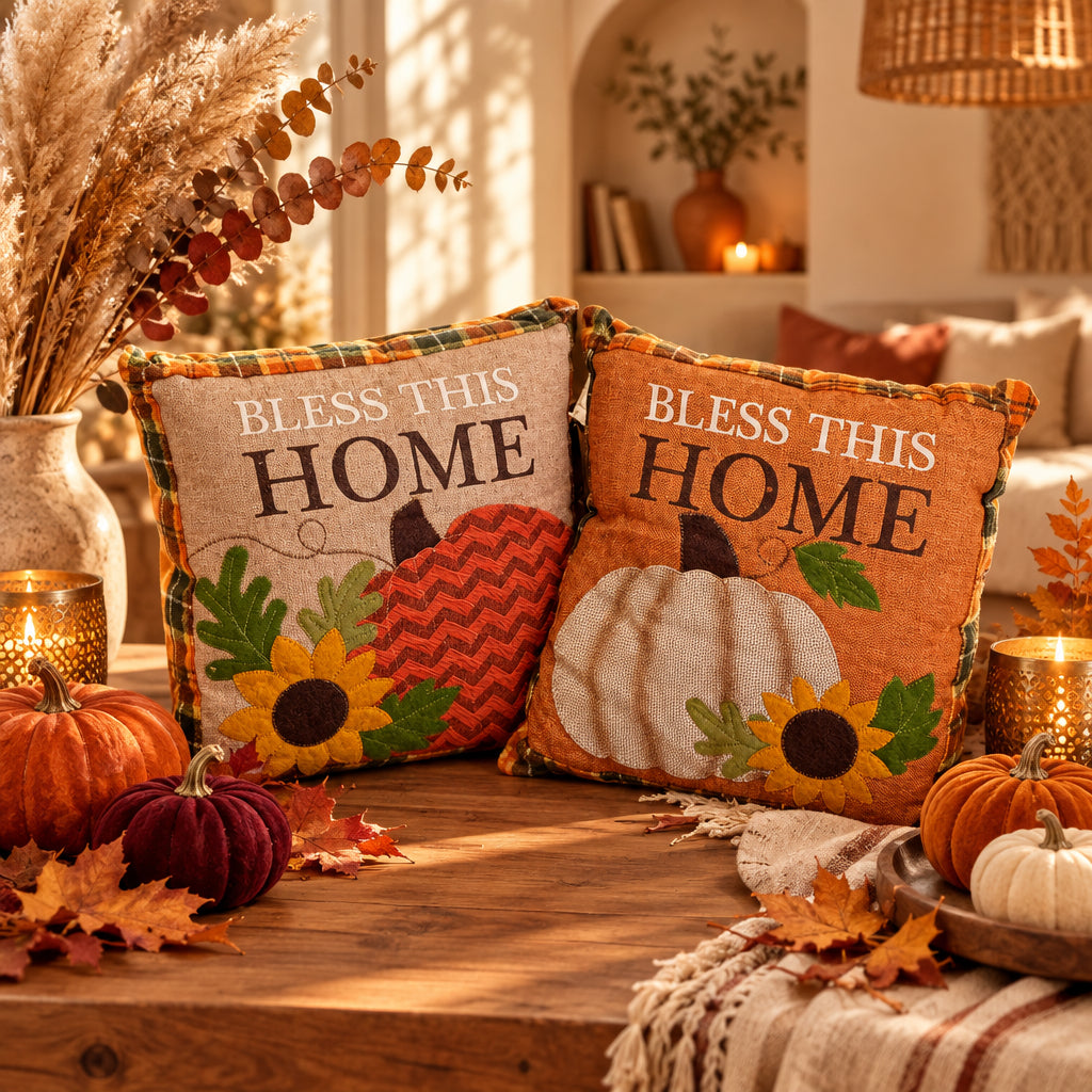 Δύο φθινοπωρινά μαξιλάρια Bless This Home σε ξύλινο τραπέζι σαλονιού με velvet κολοκύθες, φθινοπωρινά φύλλα, pampas grass και αναμμένα κεριά - VassoHome