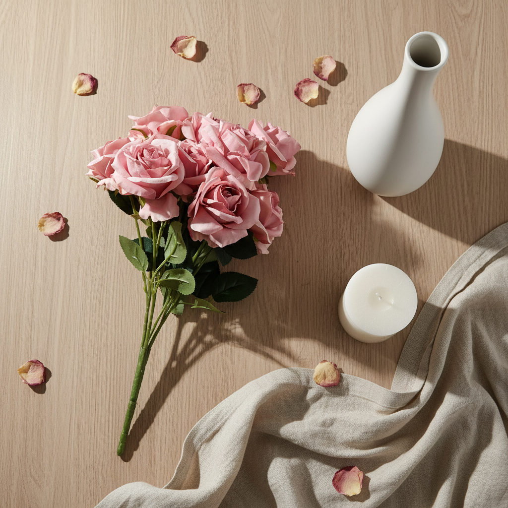 Τεχνητά σκούρα ροζ τριαντάφυλλα μπουκέτο flat lay με λευκό κεραμικό βάζο, λευκό κερί και λινό ύφασμα σε ξύλινη επιφάνεια - VassoHome