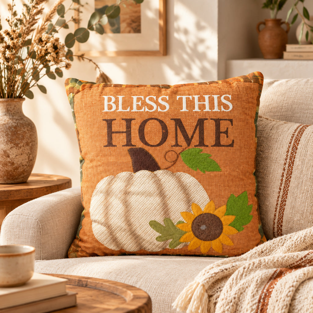 Κοντινό φθινοπωρινού μαξιλαριού Bless This Home πορτοκαλί με λευκή κολοκύθα και ηλίανθο σε boho σαλόνι - VassoHome