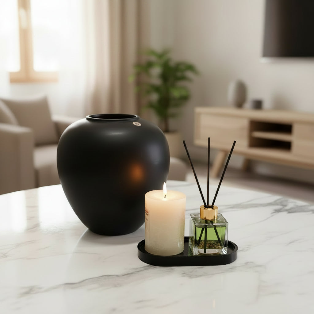 Dark Aroma Set με μαύρο κεραμικό βάζο, αναμμένο κερί pillar με άρωμα βανίλιας και diffuser σε μαύρο δίσκο σε μαρμάρινο τραπέζι σαλονιού