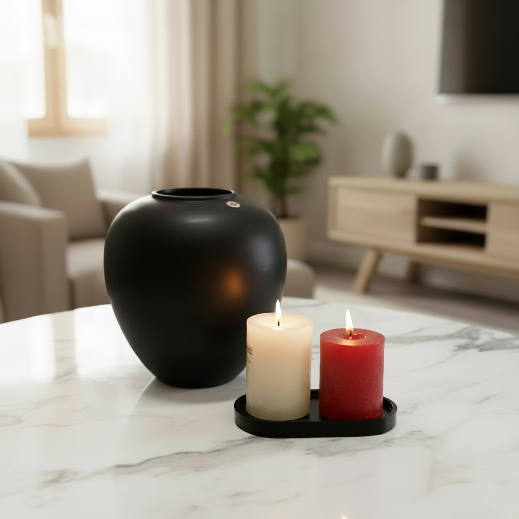 Dark Aroma Set με μαύρο κεραμικό βάζο, αναμμένα κεριά pillar με άρωμα φράουλας και βανίλιας σε μαύρο δίσκο σε μαρμάρινο τραπέζι σαλονιού