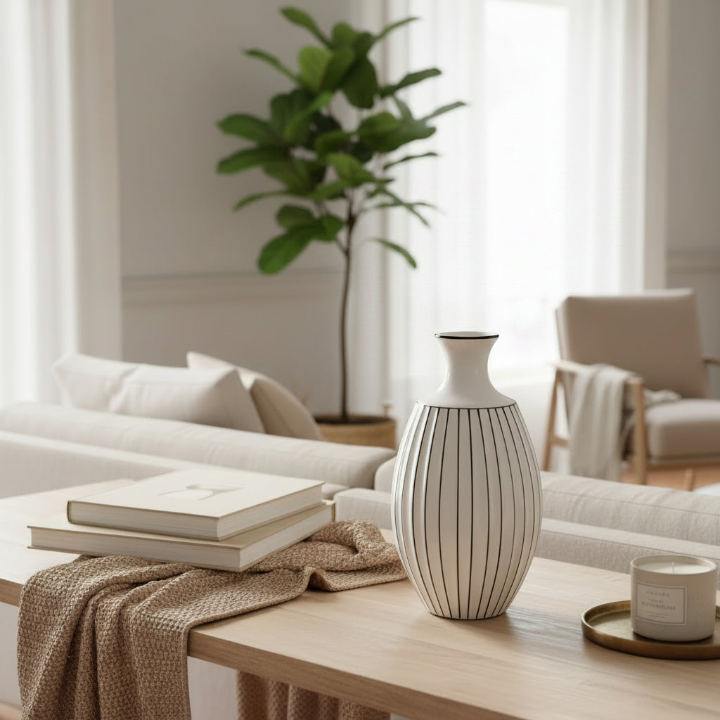 Κεραμικό Βάζο Ριγέ Λευκό–Μαύρο – 28 εκ. Διακοσμητικό Χώρου
