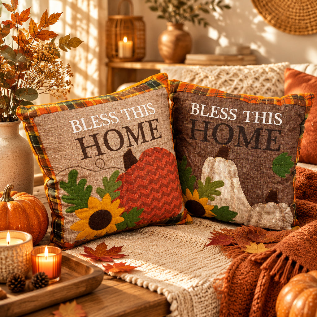 Δύο φθινοπωρινά μαξιλάρια Bless This Home σε μπεζ linen και καφέ χρώμα σε καναπέ με φθινοπωρινά φύλλα, κολοκύθες και αναμμένα κεριά σε boho σαλόνι - VassoHome