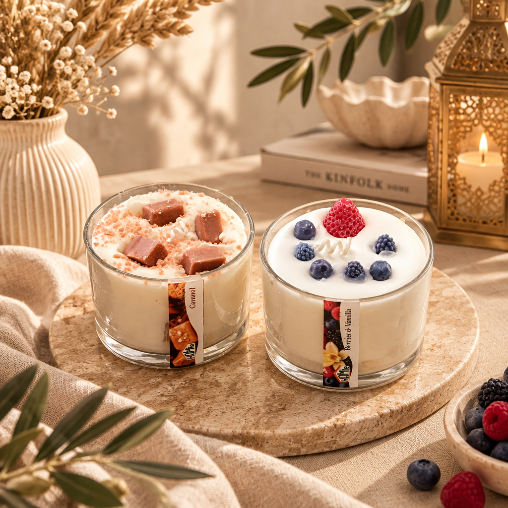 Αρωματικά dessert κεριά Caramel και Berries & Vanilla σε cork δίσκο με χρυσό φανάρι, αποξηραμένα λουλούδια, φύτρα ελιάς και μπολ με μούρα - VassoHome