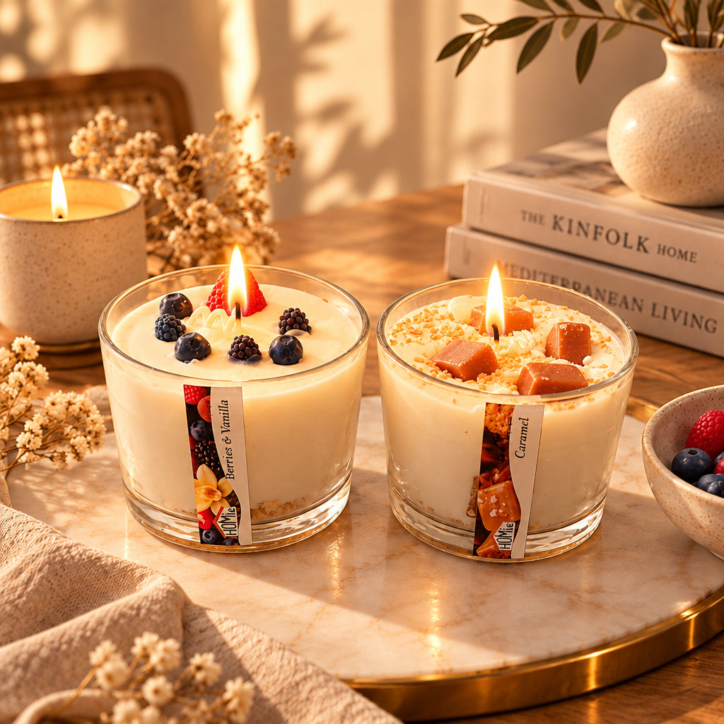 Αναμμένα αρωματικά dessert κεριά Berries & Vanilla και Caramel σε χρυσό μαρμάρινο δίσκο με βιβλία Kinfolk, αποξηραμένα λουλούδια και μπολ με φρούτα - VassoHome