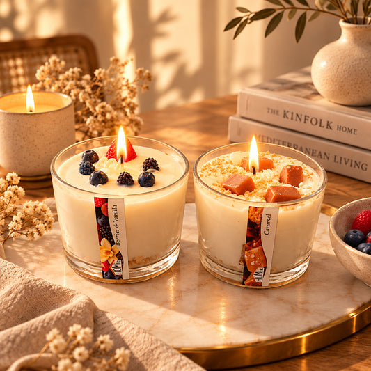 Αναμμένα αρωματικά dessert κεριά Berries & Vanilla και Caramel σε χρυσό μαρμάρινο δίσκο με βιβλία Kinfolk, αποξηραμένα λουλούδια και μπολ με φρούτα - VassoHome