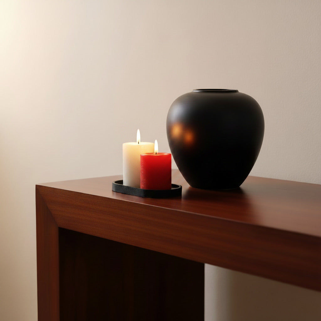 Dark Aroma Set με μαύρο κεραμικό βάζο και αναμμένα κεριά pillar με αρώματα βανίλιας και φράουλας σε μαύρο δίσκο σε σκούρο ξύλινο κονσόλα