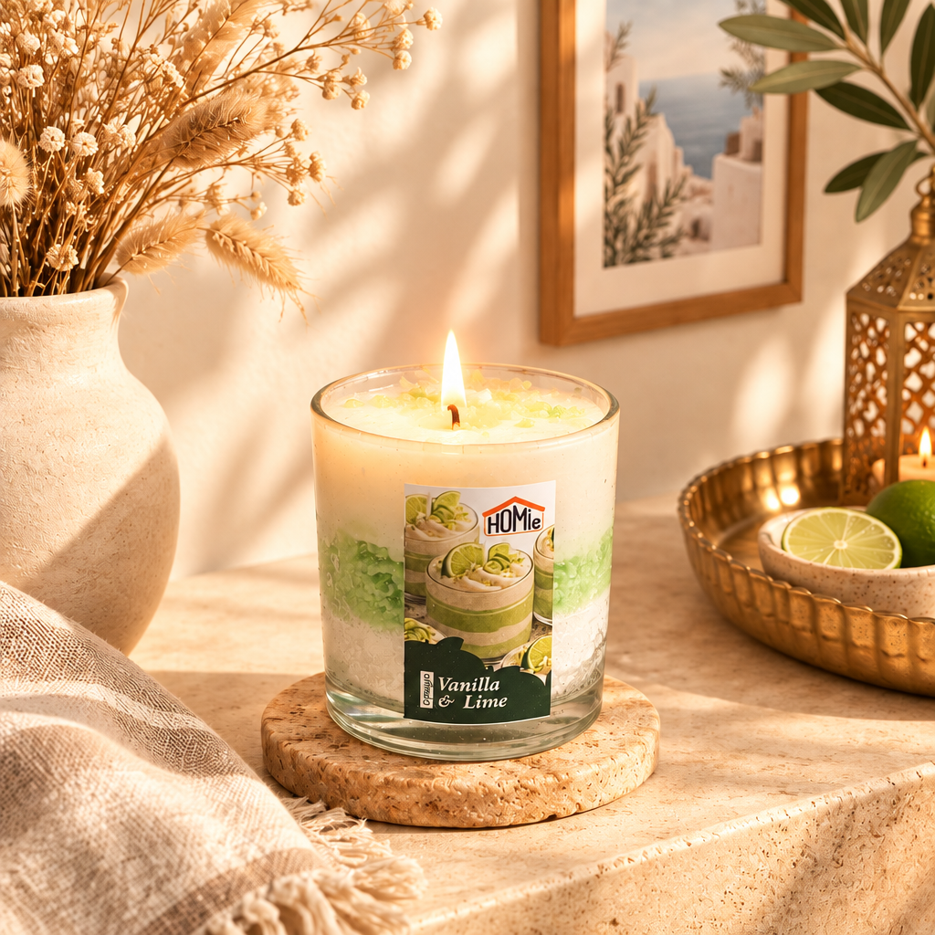 Αναμμένο αρωματικό κερί Vanilla & Lime σε travertine επιφάνεια με χρυσό δίσκο με limes, linen ύφασμα, αποξηραμένα λουλούδια και πίνακα Σαντορίνης στο φόντο - VassoHome