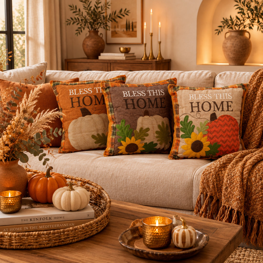 Τρία φθινοπωρινά μαξιλάρια Bless This Home σε πορτοκαλί, καφέ και μπεζ χρώμα σε linen καναπέ με βιβλία Kinfolk, rattan δίσκο, κολοκύθες και αναμμένα χρυσά κεριά - VassoHome