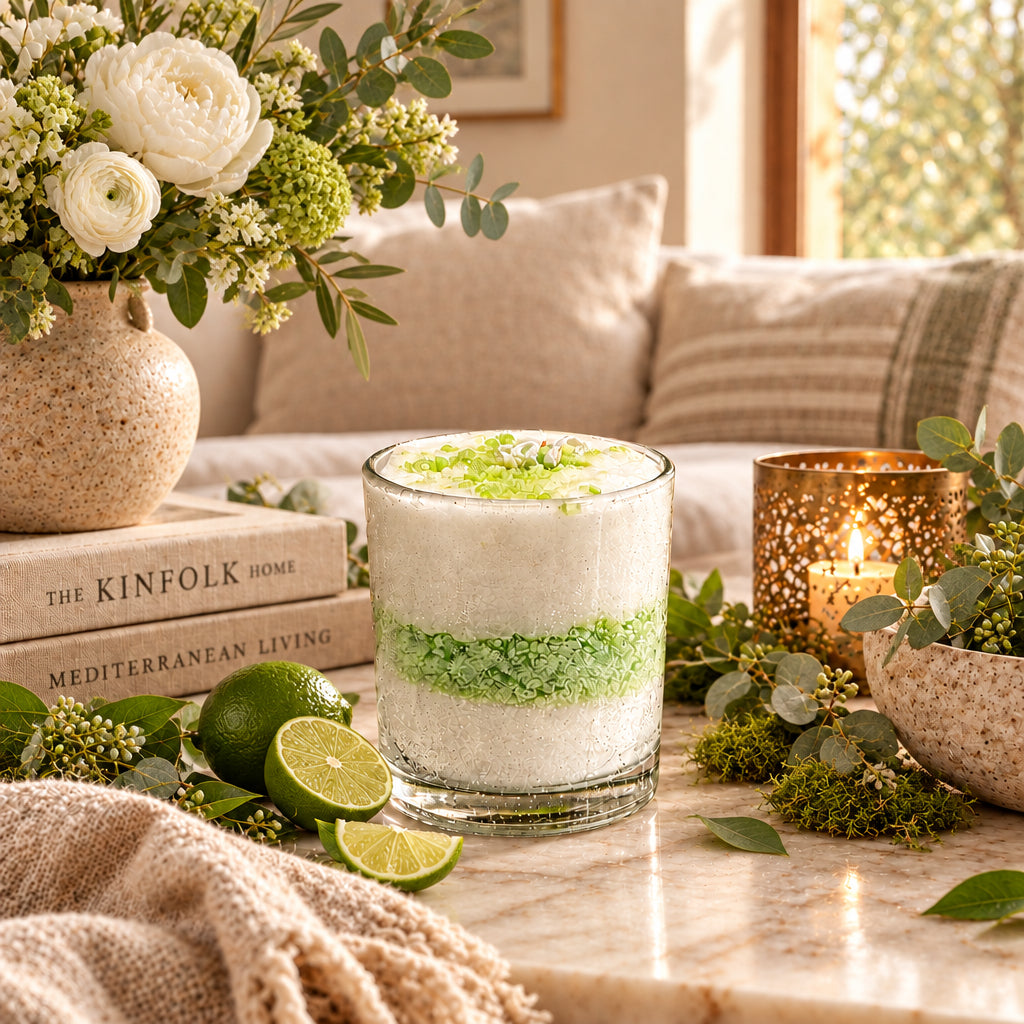 Αρωματικό κερί Vanilla & Lime Homie σε μαρμάρινο τραπέζι σαλονιού με limes, λευκά λουλούδια, βιβλία Kinfolk, χρυσό Moroccan φανάρι και ευκάλυπτο - VassoHome