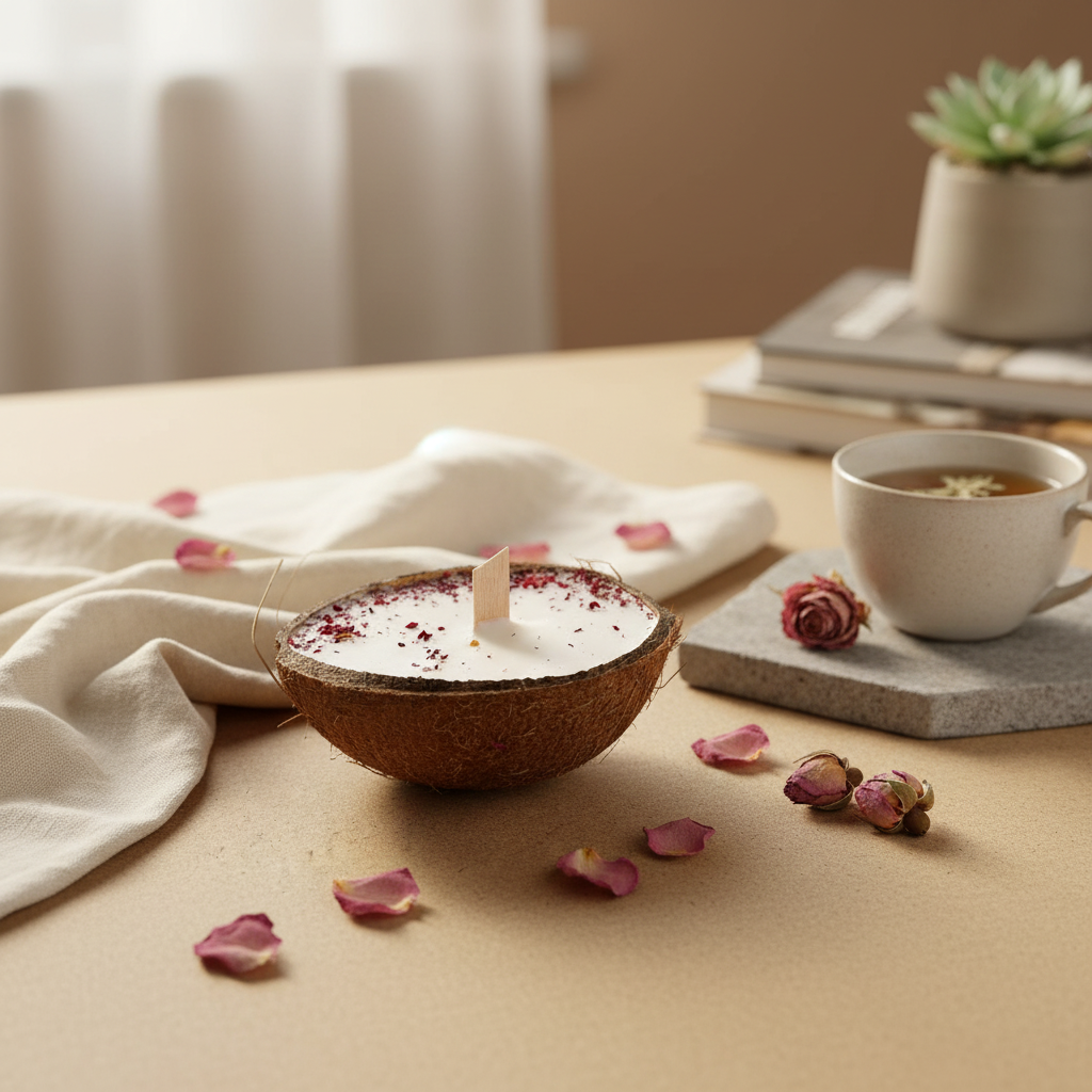 Αρωματικό κερί Coconut Rosé σε φυσικό κέλυφος καρύδας με ξύλινο φυτίλι και ροδοπέταλα σε μπεζ τραπέζι με λινό ύφασμα, φλιτζάνι τσαγιού και αποξηραμένα τριαντάφυλλα - VassoHome