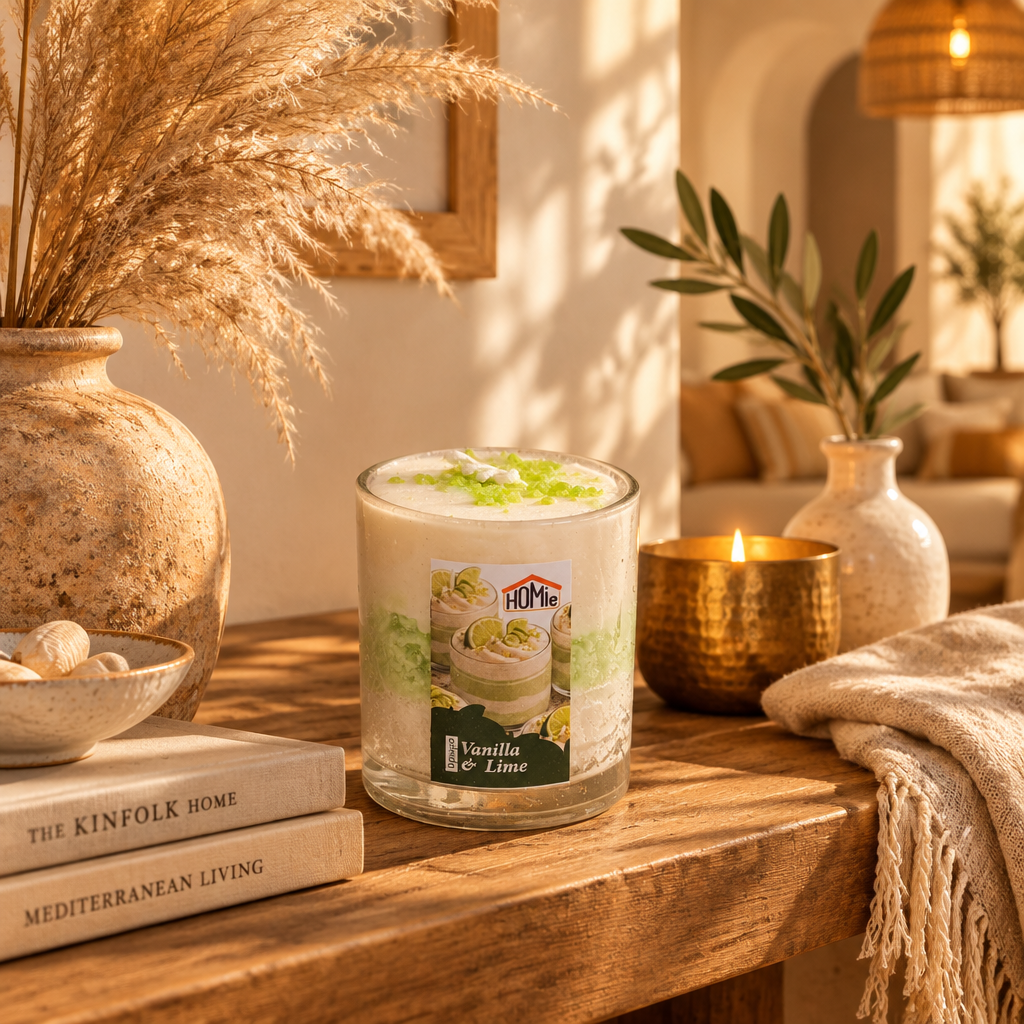 Αρωματικό κερί Vanilla & Lime σε ξύλινο τραπέζι σαλονιού με βιβλία Kinfolk, pampas grass, κλαδί ελιάς, χρυσό κεράκι και πλεκτή κουβέρτα σε boho Mediterranean ατμόσφαιρα - VassoHome