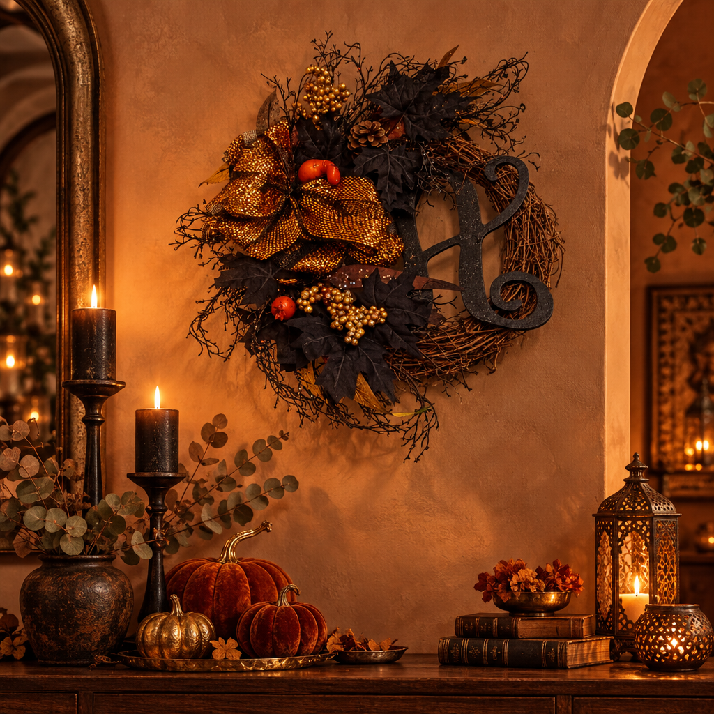 Halloween στεφάνι κρεμαστό σε Mediterranean τοίχο πάνω από κονσόλα με velvet κολοκύθες, χρυσό Moroccan φανάρι, μαύρα κεριά και ευκάλυπτο - VassoHome