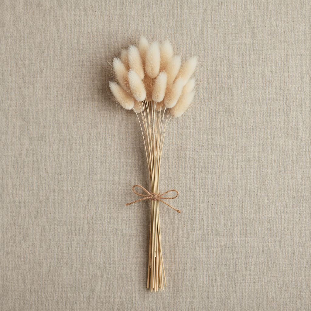 Αποξηραμένα bunny tails μπεζ 60cm 25 κλαδιά δεμένα σε μπουκέτο με σπάγκο flat lay σε λινό φόντο