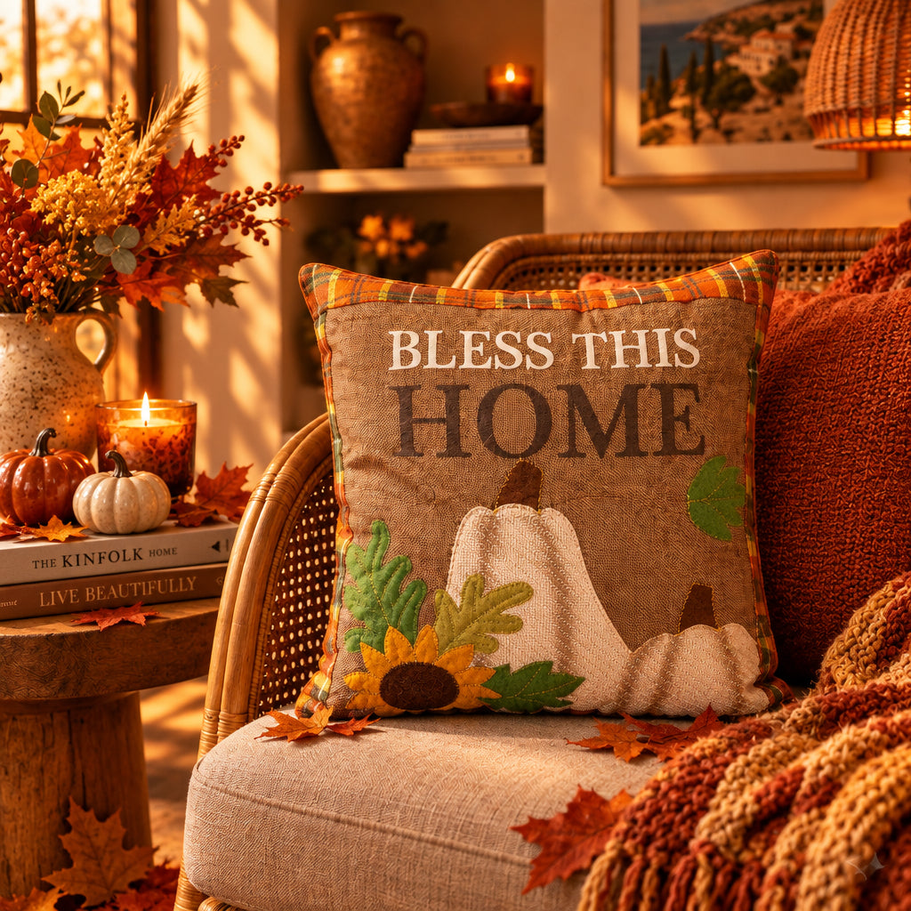 Φθινοπωρινό μαξιλάρι Bless This Home καφέ με λευκές κολοκύθες και ηλίανθο σε rattan πολυθρόνα με βιβλία Kinfolk, αναμμένα κεριά και φθινοπωρινά λουλούδια - VassoHome