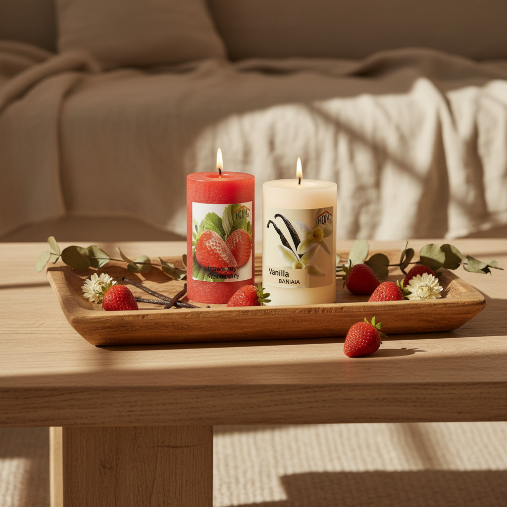 Αρωματικά κεριά κολώνα Strawberry και Vanilla αναμμένα σε ξύλινο δίσκο με φράουλες και ευκάλυπτο σε ξύλινο τραπεζάκι - VassoHome