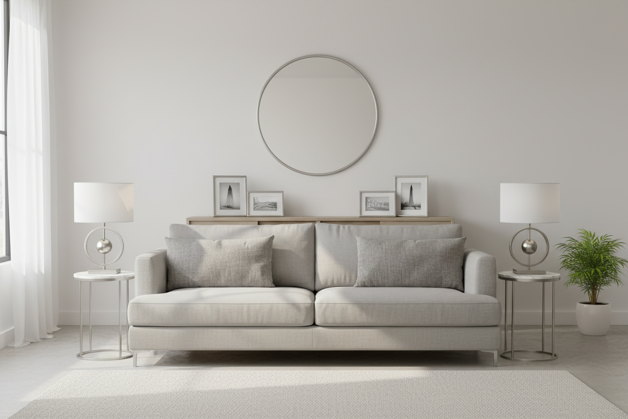 Silver Minimal & Light Set με στρογγυλό καθρέφτη Emmett Silver πάνω από γκρι καναπέ, δύο λάμπες κύκλος-σφαίρα εκατέρωθεν και επάργυρες κορνίζες σε Scandinavian λευκό σαλόνι - VassoHome