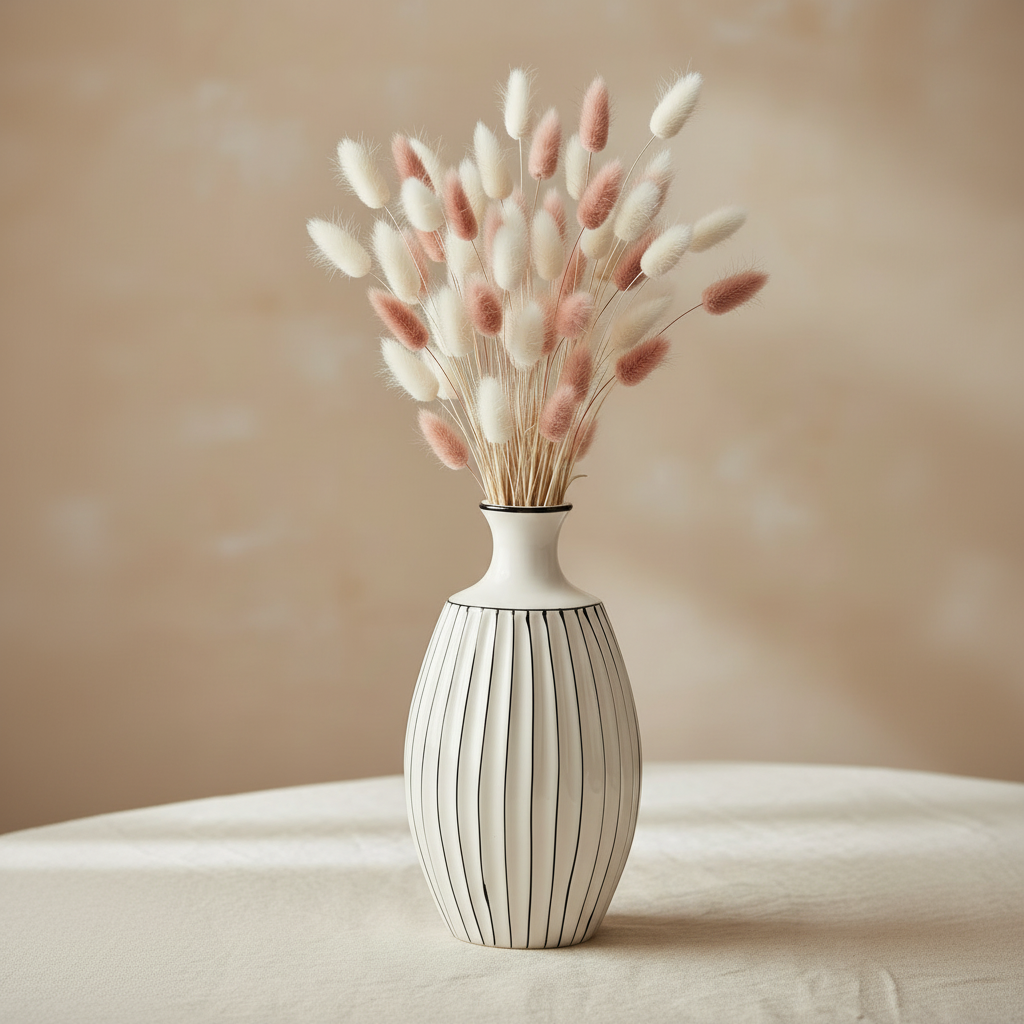 Striped Vase with Bunny Tails - Balanced Proportions