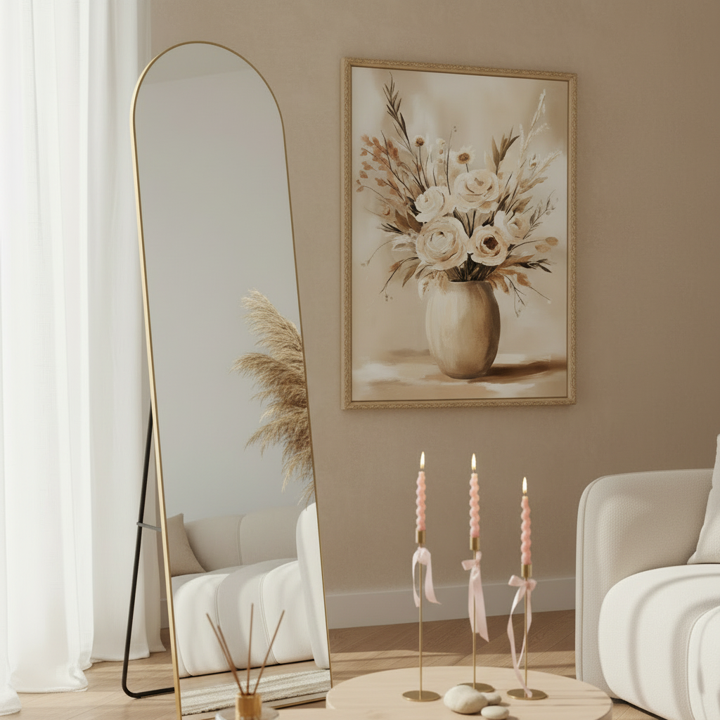 Πίνακας Καμβά Εκρού/Καφέ – Βάζο με Λουλούδια σε Κορνίζα 82.5x122.5cm