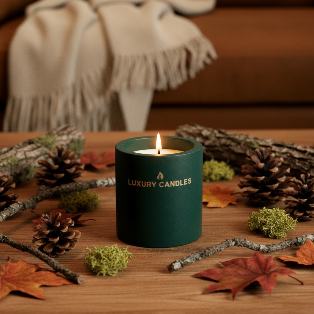 Αρωματικό κερί Anktis Linen Matcha & Woods αναμμένο σε ξύλινη επιφάνεια με κουκουνάρια, φθινοπωρινά φύλλα και βρύα, φθινοπωρινή ατμόσφαιρα - VassoHome